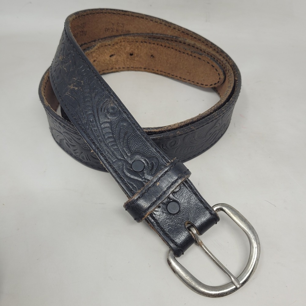 Black Leather Belt 52 Floral Embossed Western Cowboy Rustic Artisan Ranch USA